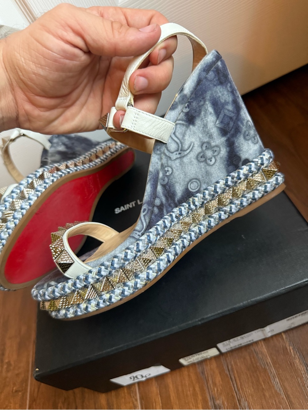 Christian Louboutin Pyraclou 110mm denim wedge sandals SZ 37 - Picture 8 of 8
